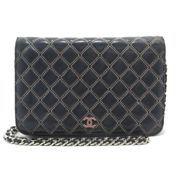 Auth CHANEL Matelasse/Double Stitch - Dark Navy Pink Lambskin Other Style Wallet - Picture 1 of 13